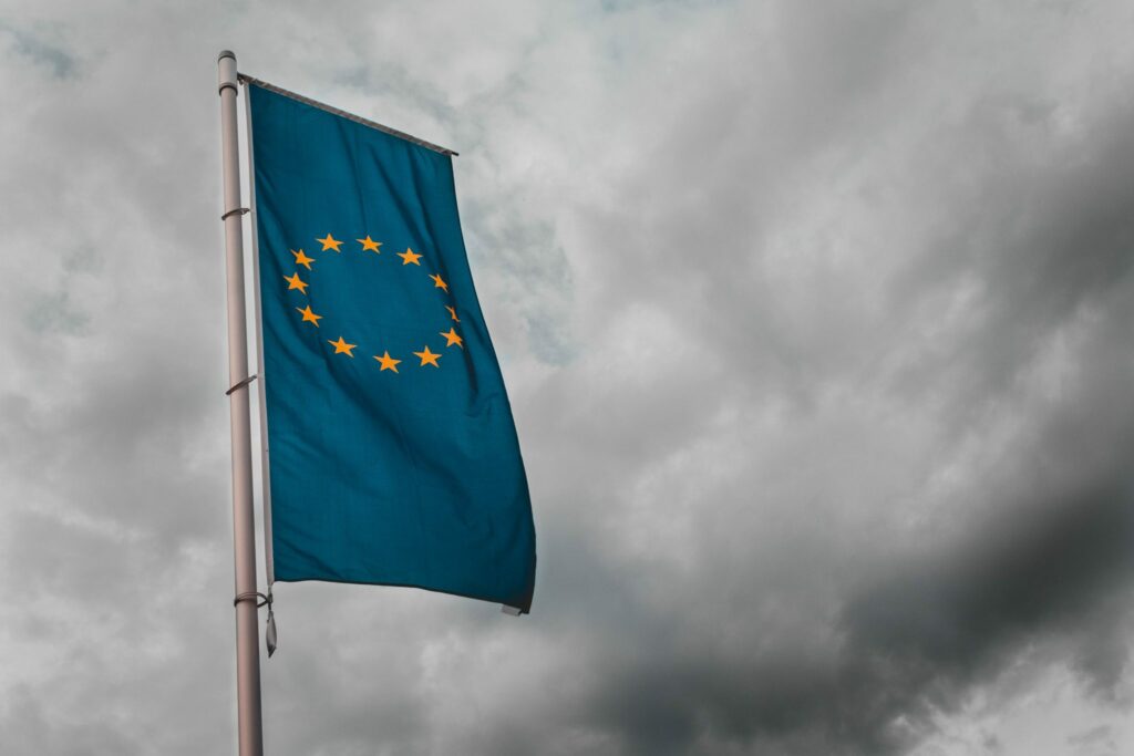 EU flag among the grey sky