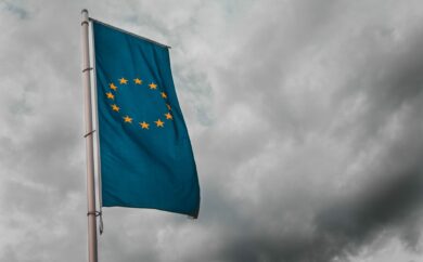 EU flag among the grey sky