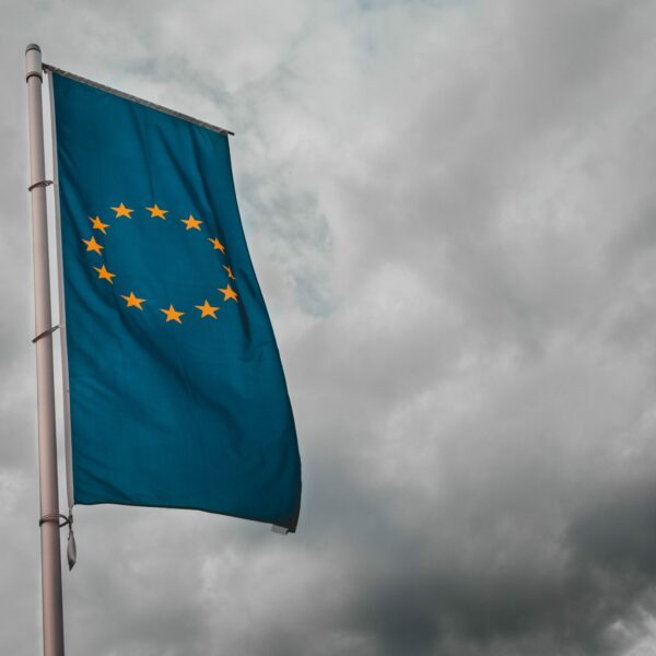 EU flag among the grey sky