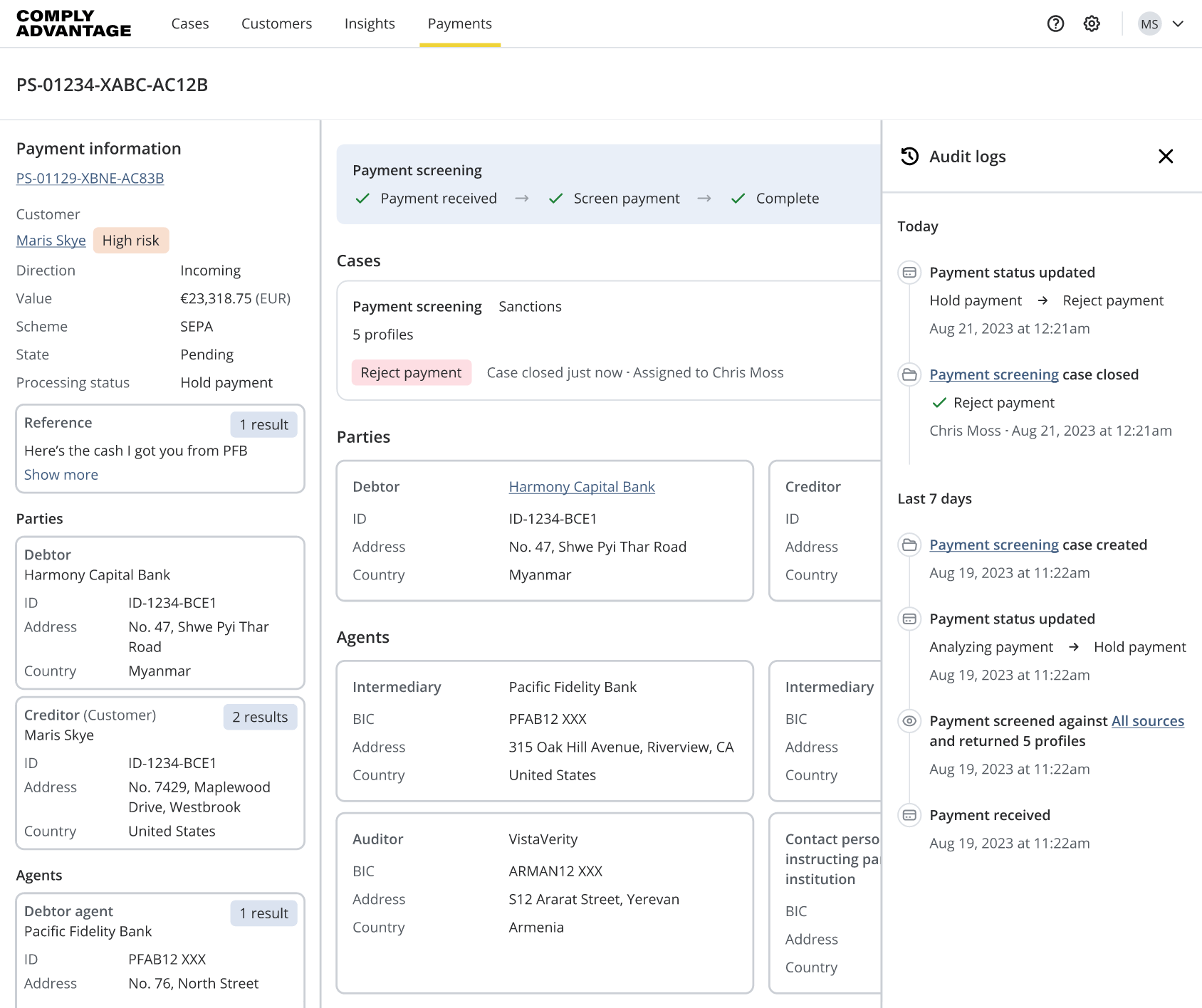 Comprehensive audit log of payment history and screening of all payment attributes, including names, BIC codes, countries, and unstructured text fields.